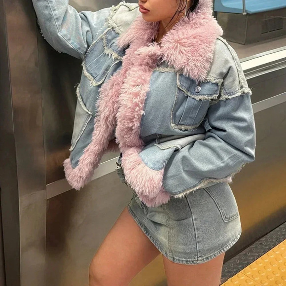 Blue Casual Women's Faux Fur Patchwork Pocket Long Sleeve Denim Jacket - Picture 2 of 8